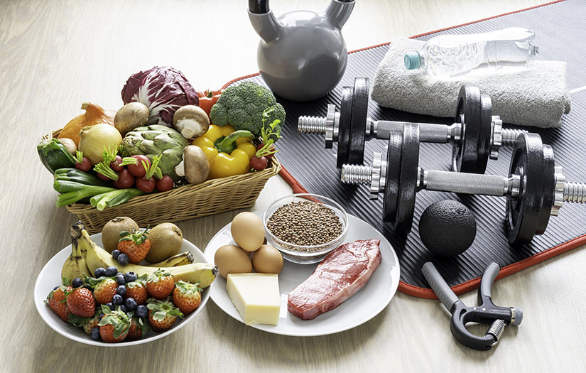 weights and healthy food on display